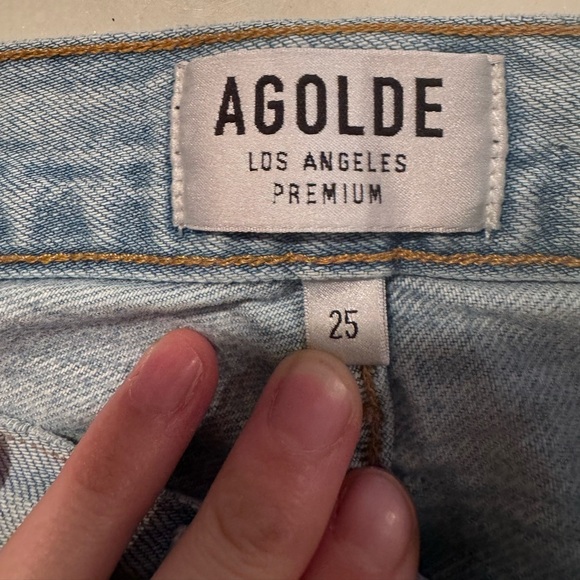 Agolde- Light Wash Denim Riley Highwaisted Distressed Straight Leg Cropped Jeans - Picture 5 of 7